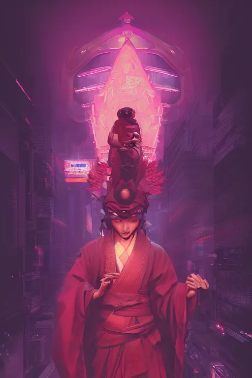 Image similar to portrait of yokai bodhisattva vajrayana dzogchen ninja slayer, japan, in cyberpunk, neon lighting, night city, digital art from artstation by Ruan Jia and Mandy Jurgens and Artgerm and william-adolphe bouguereau and Greg Rutkowski