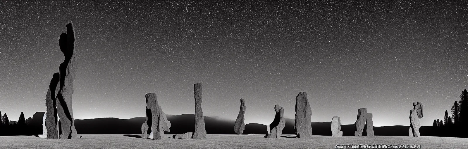 Image similar to to fathom hell or soar angelic, just take a pinch of psychedelic, medium format photograph of two colossal minimalistic necktie sculpture installations by antony gormley and anthony caro in yosemite national park, made from iron, marble, and limestone, granite peaks visible in the background, taken in the night