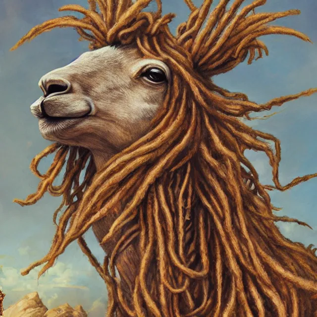 Prompt: llama with dreadlocks, by mandy jurgens, ernst haeckel, by hsiao, james jean