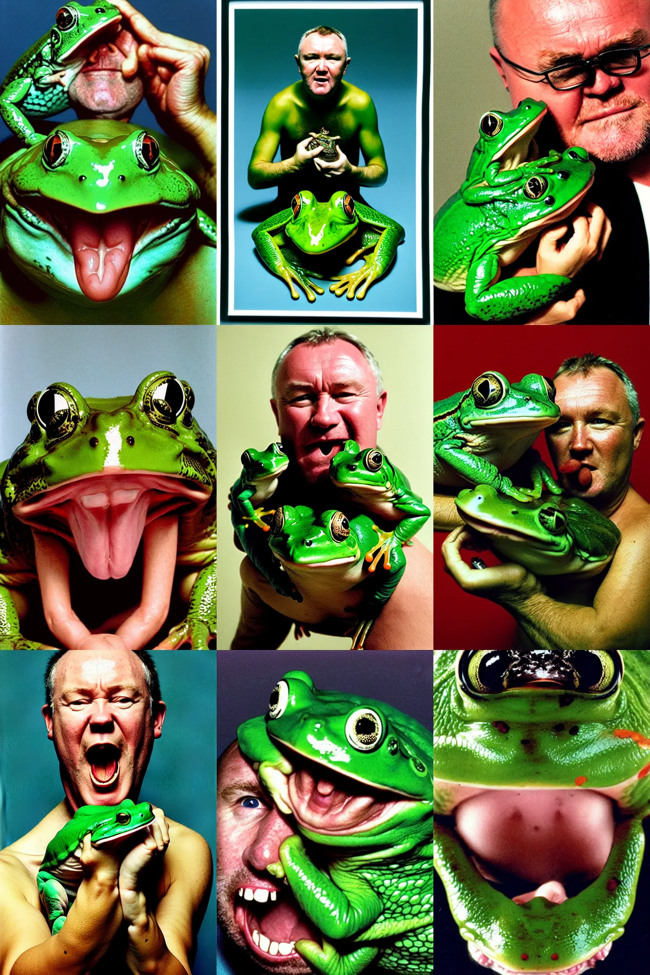 Prompt: portrait of damien hirst licking a frog, by annie leibovitz