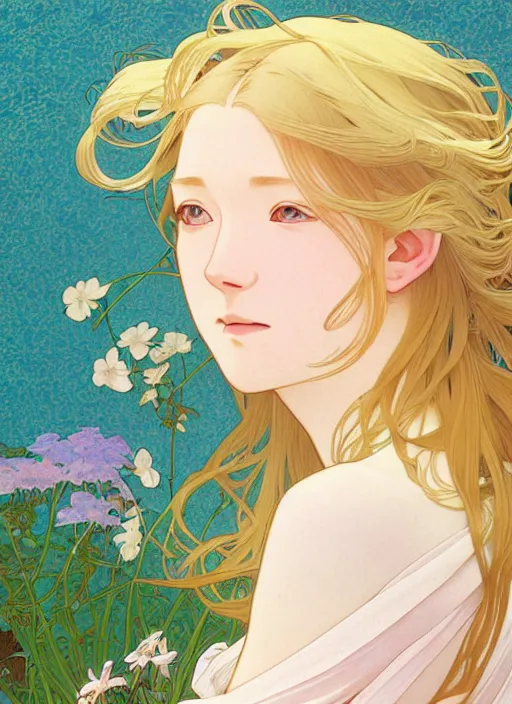 Prompt: pretty young man with shoulder length blond hair, half body shot, path traced, highly detailed, high quality, digital painting, by studio ghibli and alphonse mucha, leesha hannigan, hidari, art nouveau, chiho aoshima