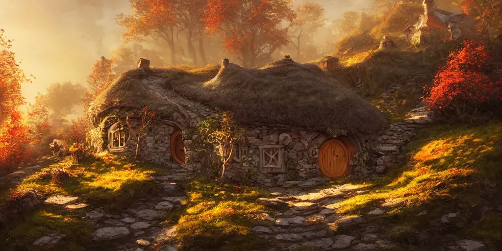 Image similar to a hobbit cottage on top of a steep hill, greg rutkowski, zabrocki, moebius, karlkka, jayison devadas, highly detailed, autumn sunlights, smoky atmosphere, ( ray of sunlight ), trending on artstation, 8 k, ultra wide angle, zenith view, pincushion lens effect