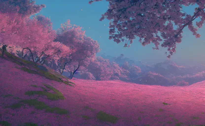 Image similar to cherry blossoms in the hills, Low level, rendered by Beeple, Makoto Shinkai, syd meade, simon stålenhag, synthwave style, digital art, unreal engine, WLOP, trending on artstation, 4K UHD image, octane render,