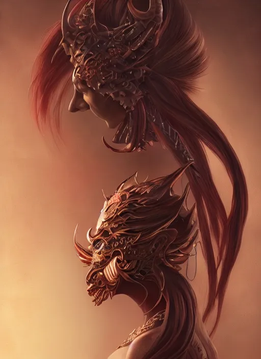 Image similar to a beautiful detailed oil on copper art illustration of a japanese namanari mask devil woman, centered, by charlie bowater, zeng fanzh, trending on artstation, dim dusk lighting, cinematic lighting, detailed lighting, volumetric lighting, realistic, f 8, 4 k hd wallpaper