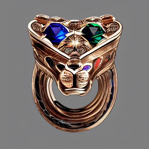 Prompt: sketch of four points of view of a complex ring with a complex cameo ornament of a panther, technical sketch, rose gold, gems, high coloration, ambient lightning, highly detailed, 8 k