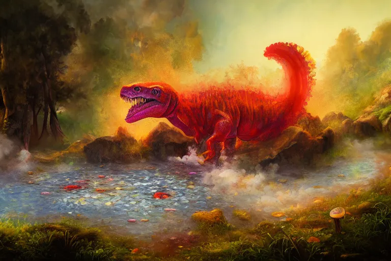 Image similar to highly detailed oil painting of a! tyrannosaurus ( ( mushroom ) ) in a steaming colorful hotspring, featured on artstation