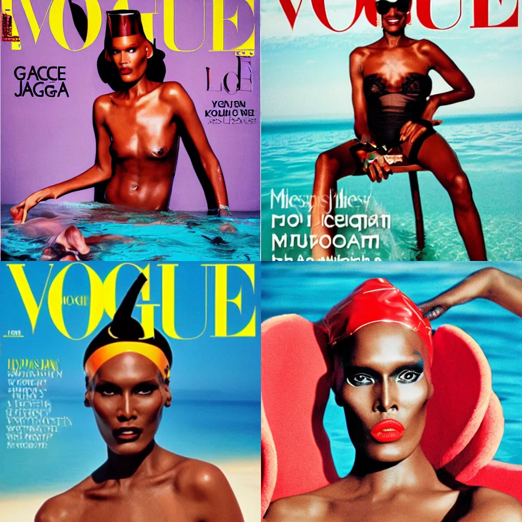 Prompt: vogue magazine cover of grace jones swimming in kahlua