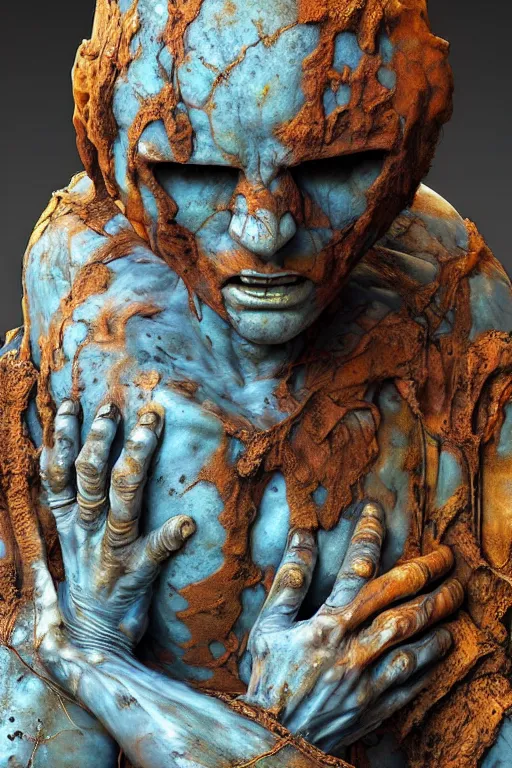 Image similar to realistic detailed statue of the terrific sacred destruction golem made with marble and with stained rust golden wings, cracked body full of scars, made by Karol Bak, Mark Brooks and Bernini. Rich colors. Beksinski and painting. Masterpiece