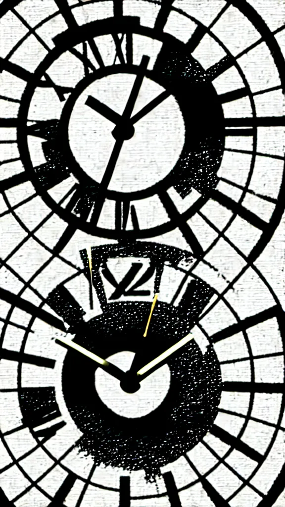 Prompt: a grainy photocopy of an anime style rave graphics poster with y2k brutalist gothic motifs and a photorealistic image of a clock in the style of GUCCIMAZE