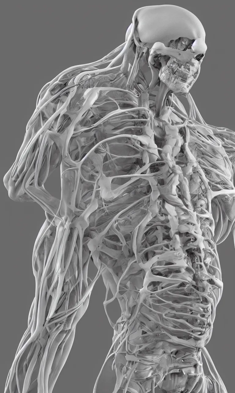 Prompt: anatomy of a human body in white porcelain environmental occlusion, H.R. Giger, photorealistic, 8k, digital art, unreal engine, unreal engine render, blender render, render, 4k, coherent