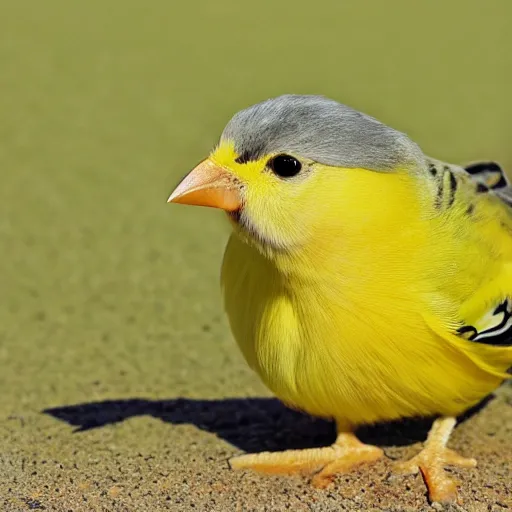 Prompt: photo of profile of cute yellow canary bird head with tennis ball body