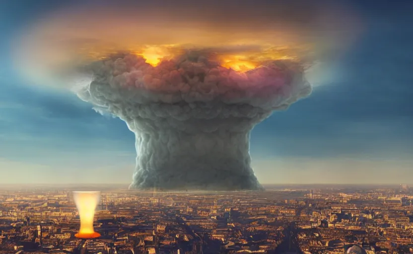 Image similar to nuclear mushroom cloud over London featured on artstation, ultrawide angle cycles render, 4k