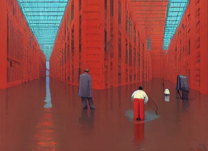 Image similar to flooded floor inside Amazon fulfillment center, people stacked on shelves in red plastic bags, flooded Edward Hopper and James Gilleard, Zdzislaw Beksinski, highly detailed