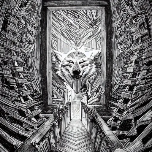 Image similar to a huge howling angry wolf in a huge bright maze of many doorways and lots of stairs, many doorways, inside MC Escher architecture, artstation, Junji Ito, epic composition, detailed background