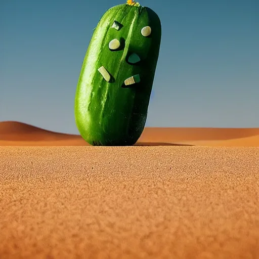 Prompt: a crying cucumber with a face of ueli maurer playing golf in the desert of namibia, award winning photography,