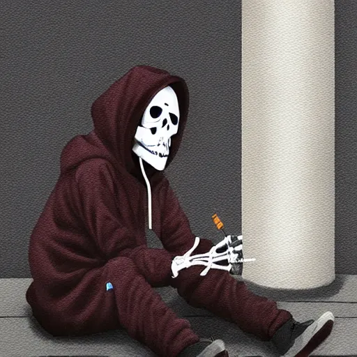 Prompt: a skeleton in a hoodie sitting on the street smoking a cigarette at night, painting artstation