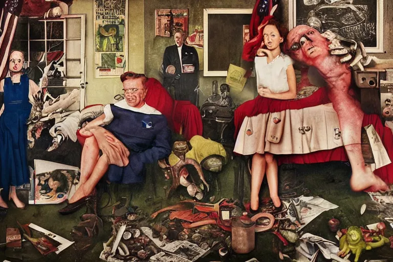 Image similar to full color american nightmare, joel peter witkin photo of 1 9 5 0 s suburban family, capitalist propaganda meets body horror, patriotic nihilism, annie liebovitz, bosch, disney