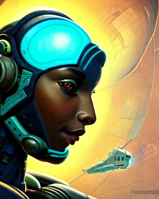Image similar to sojourn from overwatch, african canadian, gray hair, teal eyes, character portrait, portrait, close up, concept art, intricate details, highly detailed, vintage sci - fi poster, retro future, vintage sci - fi art, in the style of chris foss, rodger dean, moebius, michael whelan, and gustave dore