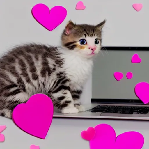 Prompt: cutest kittens in the world using a laptop with cute pink heart emojis floating in the air