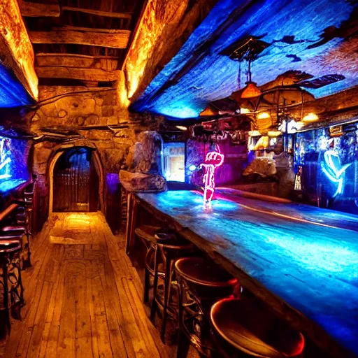 Image similar to a bar with medieval style interior, but covered in neon lights everywhere. walls are covered with arms and coats of teuntonic order, everything shines with rgb lights. ancient cabin with cyberpunk features. walls have medieval european weapons, relics flashing with purple light, hardwood tables in style of old 1 4 th century tavern. teutonic flags eveywhere.