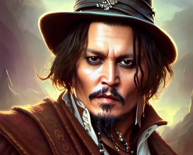 Image similar to photography of johnny depp, deep focus, d & d, fantasy, intricate, elegant, highly detailed, digital painting, artstation, concept art, matte, sharp focus, illustration, hearthstone, art by artgerm and greg rutkowski and alphonse mucha