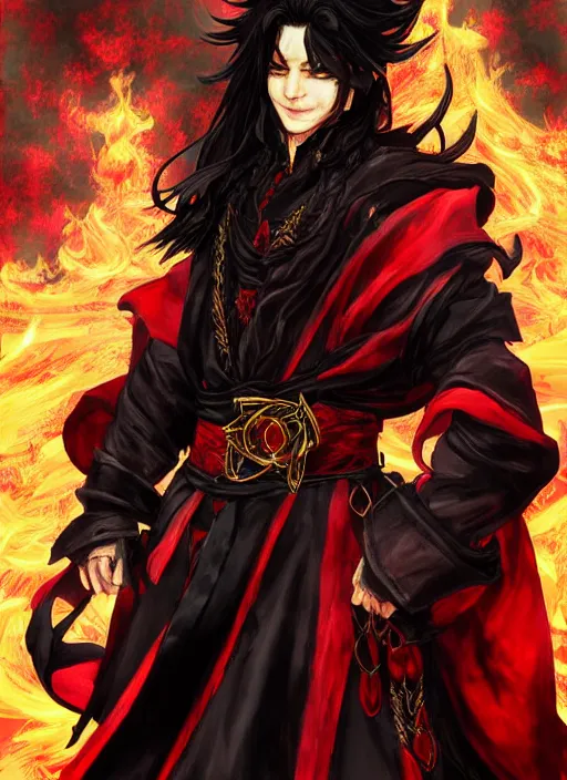 Image similar to Half body portrait of a handsome elf fire mage with long black hair wearing ornate scarlet robe, crazy grin, flame, anarchy. In style of Yoji Shinkawa and Hyung-tae Kim, trending on ArtStation, dark fantasy, great composition, concept art, highly detailed, dynamic pose.