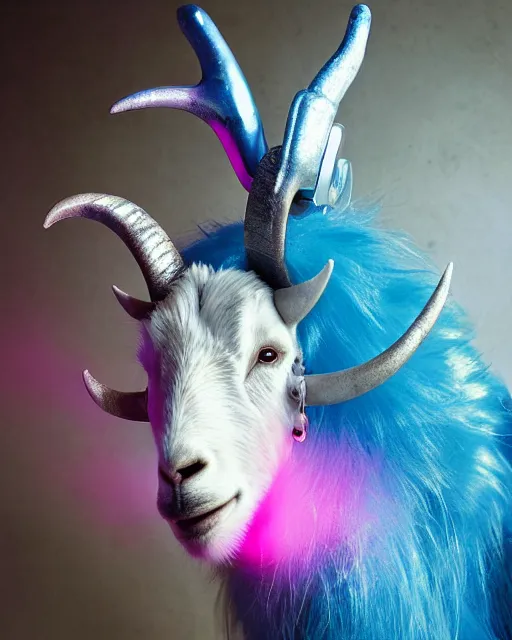 Image similar to natural light, soft focus portrait of a cyberpunk anthropomorphic goat with soft synthetic pink skin, blue bioluminescent plastics, smooth shiny metal, elaborate ornate head piece, piercings, skin textures, by annie leibovitz, paul lehr