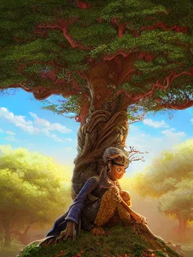 Image similar to a grumphy man, legs and arms crossed, sitting under a bodhi tree. intricate, elegant, highly detailed, digital painting, artstation, concept art, sharp focus, illustration, by justin gerard and artgerm, 8 k