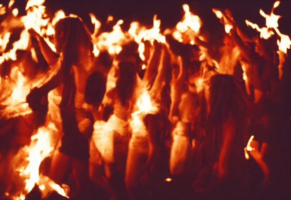Image similar to lomo photo of young women dancing in ecstasy around a bonfire as the dark ritual begins, cinestill, bokeh, out of focus