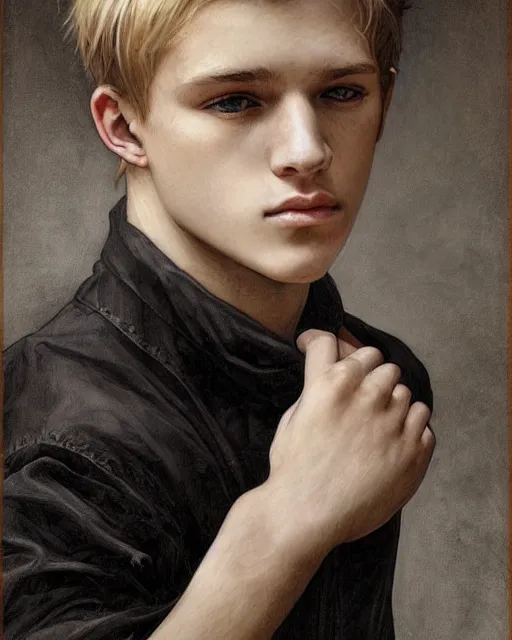 Prompt: portrait a 1 5 - year - old boy, with slender, sleek white - blond hair, cold grey eyes, a pale complexion with sharp and pointed features, wearing black clothes, hyper realistic face, beautiful eyes, close up, fantasy art, in the style of greg rutkowski, intricate, alphonse mucha, hyper detailed, smooth