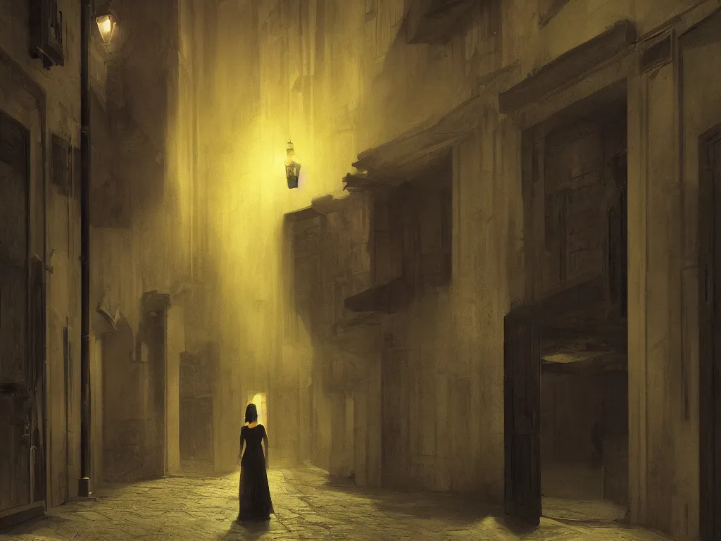 Image similar to a detailed matte painting of a nightscene with a dark alley at the end an illuminated door in the style of greg rutkowski and edward hopper