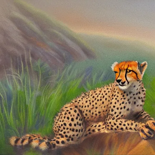 Prompt: cheetah, stretching next to a cliff, misty morning, pastels, oil painting