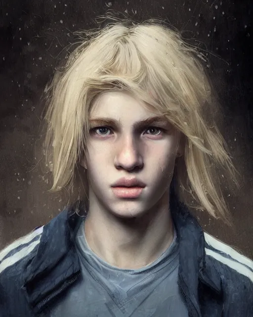 Image similar to portrait of 1 5 - year - old boy with blonde hair, round - face, and slightly buck - toothed, hyper realistic face, beautiful eyes, fantasy art, in the style of greg rutkowski, intricate, hyper detailed, smooth