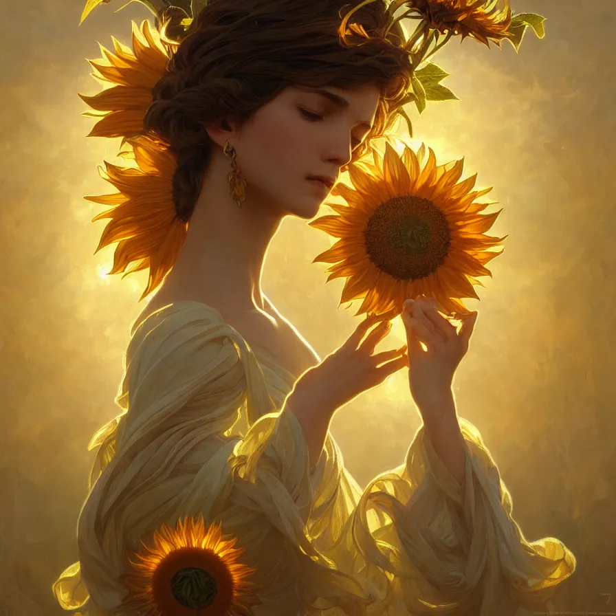 Image similar to sacred sunflowers, emiting mystical light, intricate, elegant, highly detailed, my rendition, digital painting, artstation, concept art, smooth, sharp focus, radiant light, illustration, art by artgerm and greg rutkowski and alphonse mucha