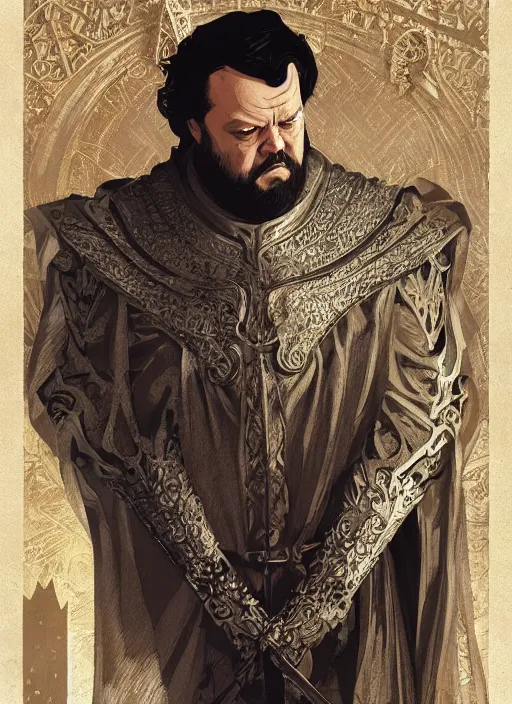 Prompt: Orson Welles as medieval King, intricate, elegant, highly detailed, digital painting, artstation, concept art, smooth, sharp focus, illustration, game of thrones, art by greg rutkowski and alphonse mucha and aleksi briclot