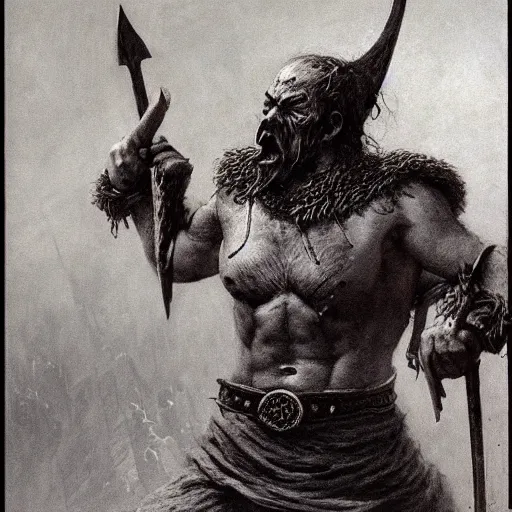 Image similar to viking marauder fighting against an orc, posed, gritty, beksinski