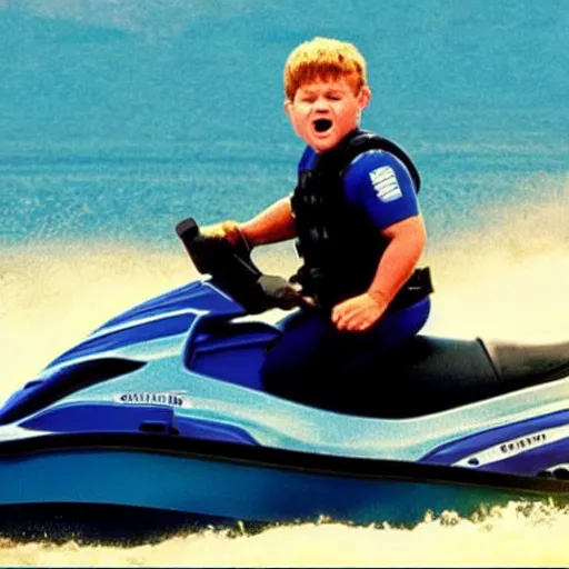 Image similar to photo of chunk from “the goonies” riding a jetski and giving “sign of the horns” 8k