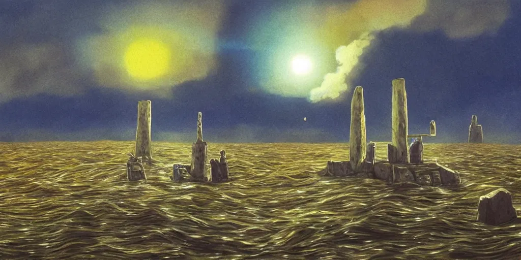 Image similar to a realistic cell - shaded concept art from howl's moving castle ( 2 0 0 4 ) of a multi - colored cube from close encounters of the third kind ( 1 9 7 7 ) over a flooded stonehenge. it is a misty starry night. very dull colors, hd, 4 k, hq