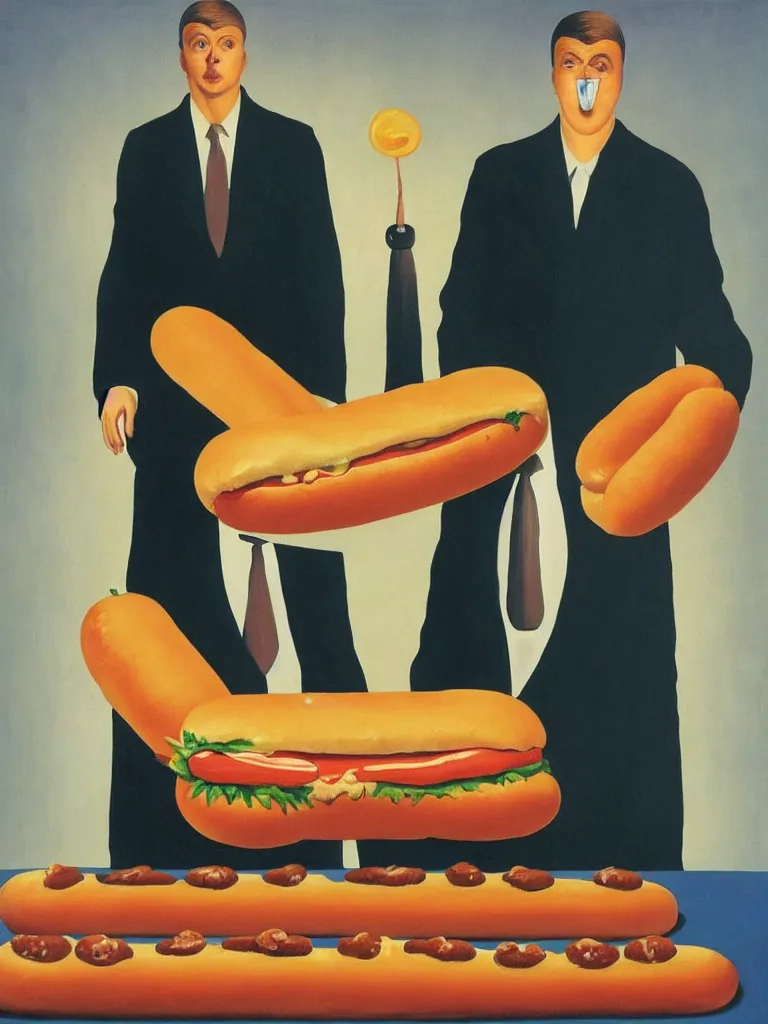 Image similar to Rene Magritte's Son Of Man painting with a hotdog blocking the face, but the man is a large hotdog in a suit and the hotdog has a man's face on it