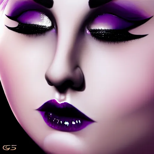 Prompt: dreamlike close up portrait of a curvy feminine hot goth woman, fully clothed, classy, elaborate, elegant, sophisticated, shiny black lipstick, purple makeup, realistic beautiful big eyes, dark eyeshadow, cgsociety, realistic, highly detailed, sublime, 16k, smooth, sharp focus, trending on ArtStation, hyperdetailed, volumetric lighting