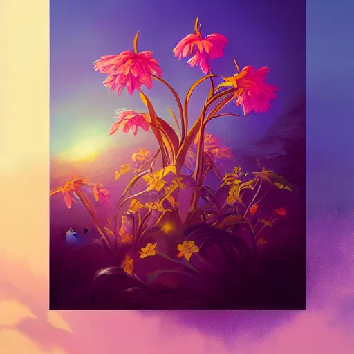 Image similar to retro painting of surreal waiizi flowers, by Ross Tran, highly detailed, hyperrealism, excellent composition, cinematic concept art, dramatic lighting, trending on ArtStation