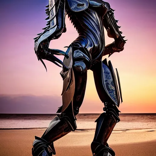 Prompt: chest up bust shot, realistic detailed stunning beautiful armored anthropomorphic humanoid robot female dragon, looking to the side with an elegant pose of hand on hip, smooth and streamlined armor and design made of steel, sharp claws and sharp teeth, high quality head, Slick LEDs, standing on two legs, on the beach during sunset, high quality, cinematic art, sci fi, sunset lighting, 3D render, 8k, artstation, deviantart, furaffinity