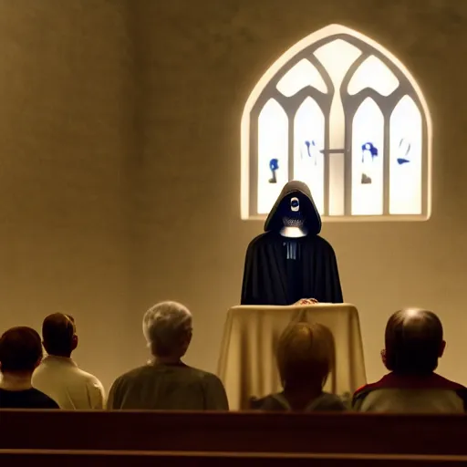 Image similar to emperor palpatine preaching to people at church, 8k cinematic lighting, very sharp detail, anatomically correct