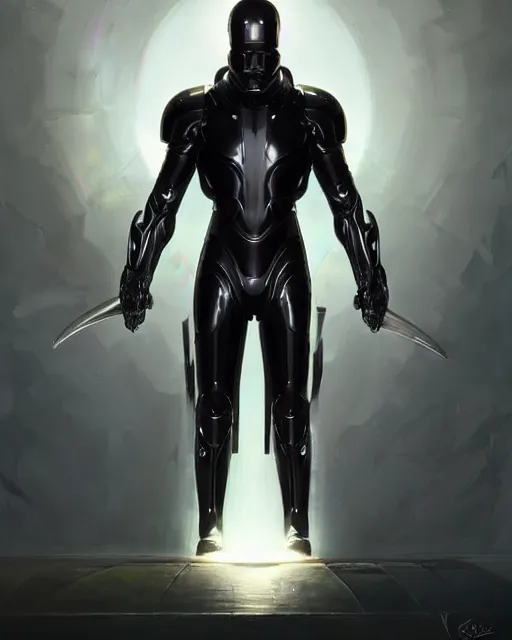 Image similar to iridescent sinewy smooth muscular male sleek glossy black pearlescent scifi armor with smooth black featureless helmet, by greg rutkowski, mark brookes, jim burns, tom bagshaw, magali villeneuve, eve ventrue, neil nelson thedarkestseason, trending on artstation