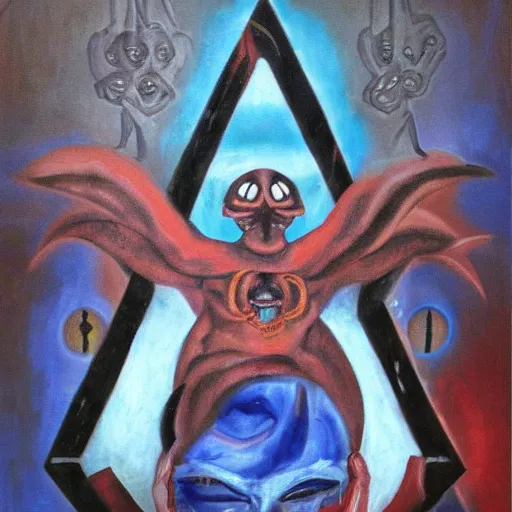 Image similar to portre of an autistic demon on acid, masonic and kabalistic symbols in background, oil painting