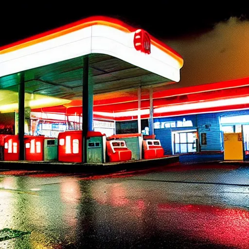 Image similar to “soviet gas station, rain, night, atmospheric lighting, neon glow, lens flare, red lights, digital photography”