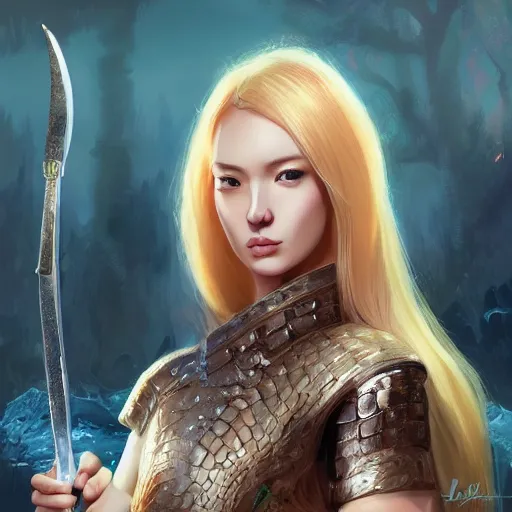 Image similar to a digital painting of a woman with blonde hair, a character portrait by feng zhu, cgsociety, fantasy art, ethereal glow, light white rainbow nails and a glowing chromatic sword behind her, medieval armour, waterfall, crocodile, tamborine, salt shaker, happy friend, fire, lamps, artstation hq, artstation hd, fantasy