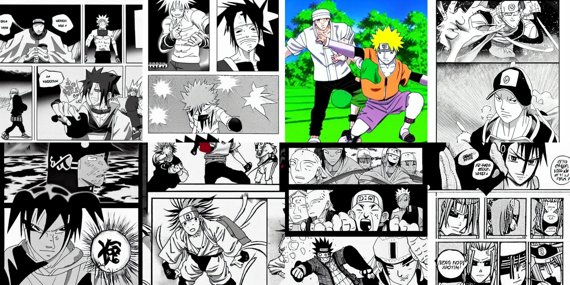 Prompt: Fred Durst training to fight Madara with Naruto black and 3 black and white manga panels in Kishimoto’s art style