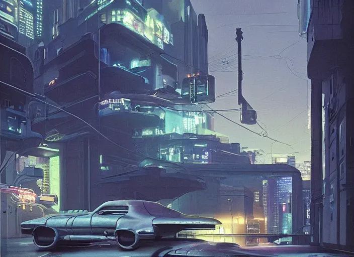 Prompt: a car driving down a street next to building the night, cyberpunk art by Chesley Bonestell, cgsociety, retrofuturism, matte painting, reimagined by industrial light and magic