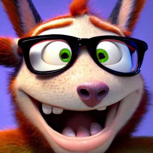 Image similar to portrait of a nerd guy happily announce new video, Pixar's Up character, 3D render,youtube thumbnail,flat background,high resolution, high quality, detailed, zootopia, cgsociety,artstation, deviantart